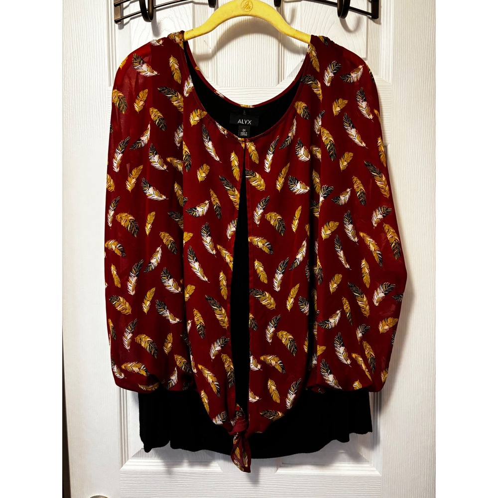 Alyx Red Feather Print Layered Tie Front Blouse 2X Mixed Media Tank Top 3408W56